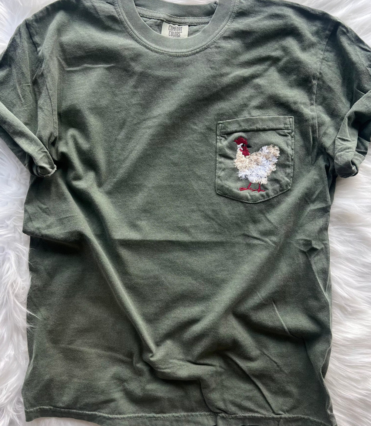 Mother Clucker Embroidered Fuzzy Chicken Pocket Comfort Color Tee