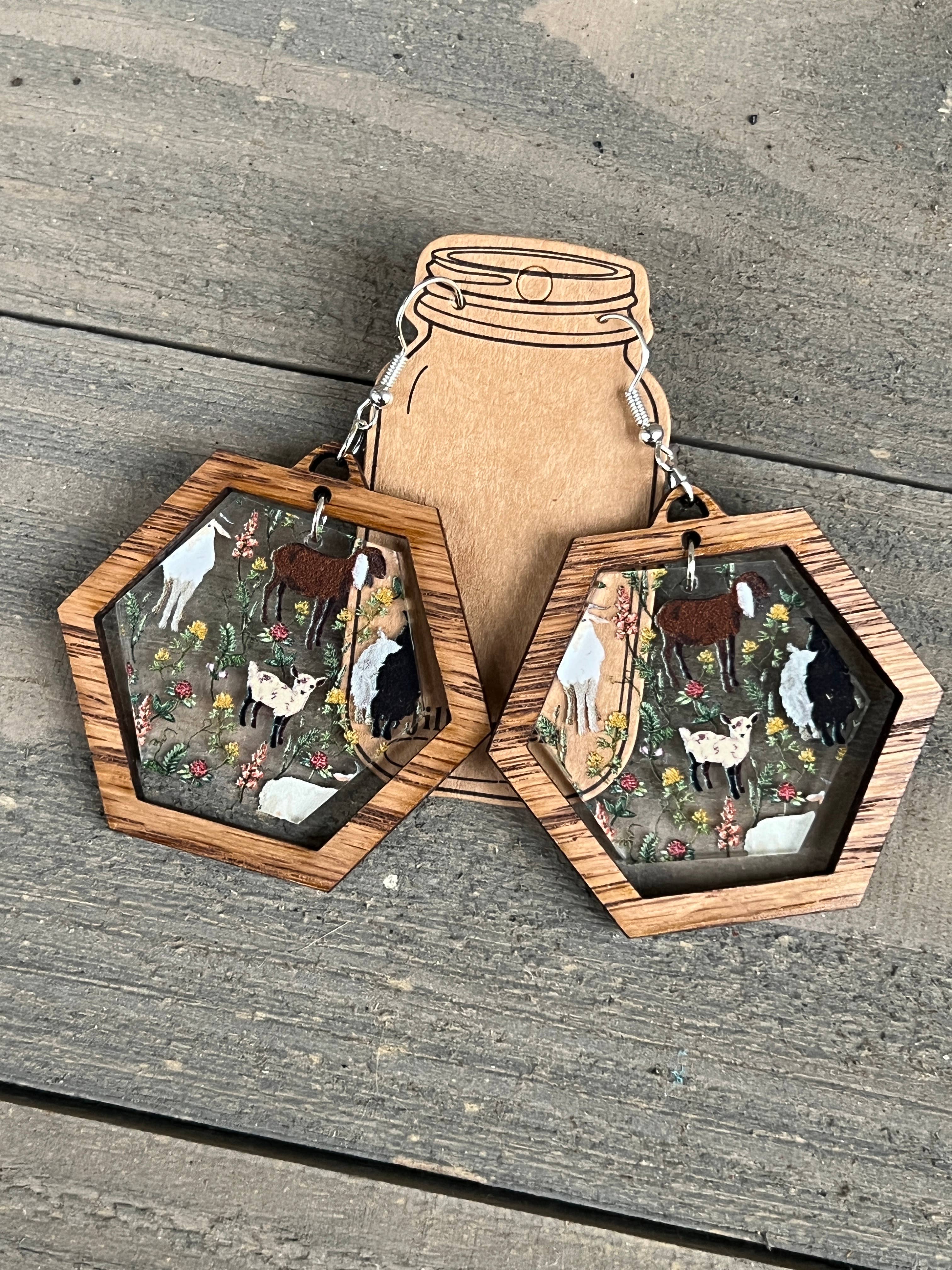 Goat Farm Western Acrylic Hexagon Wood Earrings