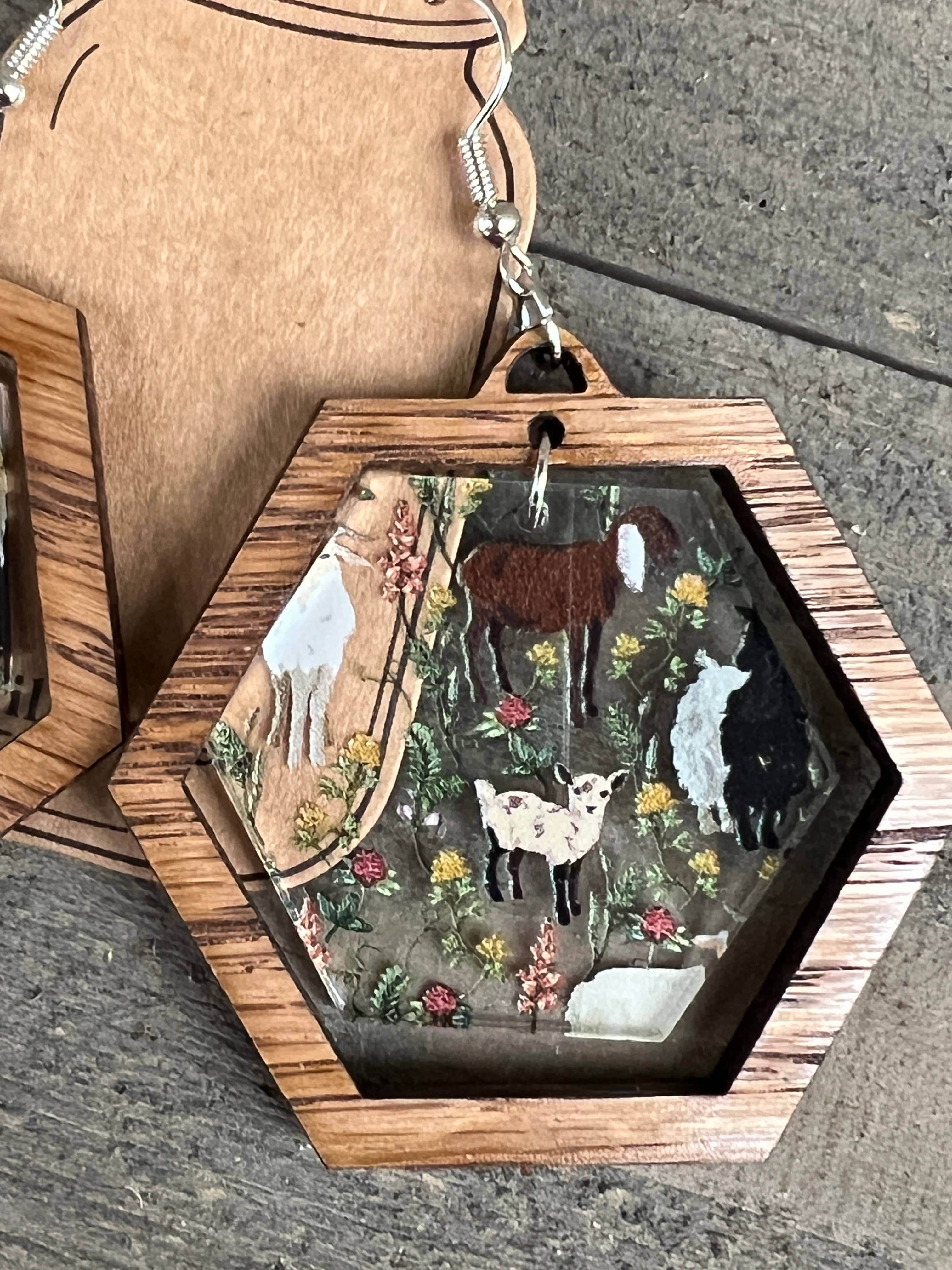 Goat Farm Western Acrylic Hexagon Wood Earrings