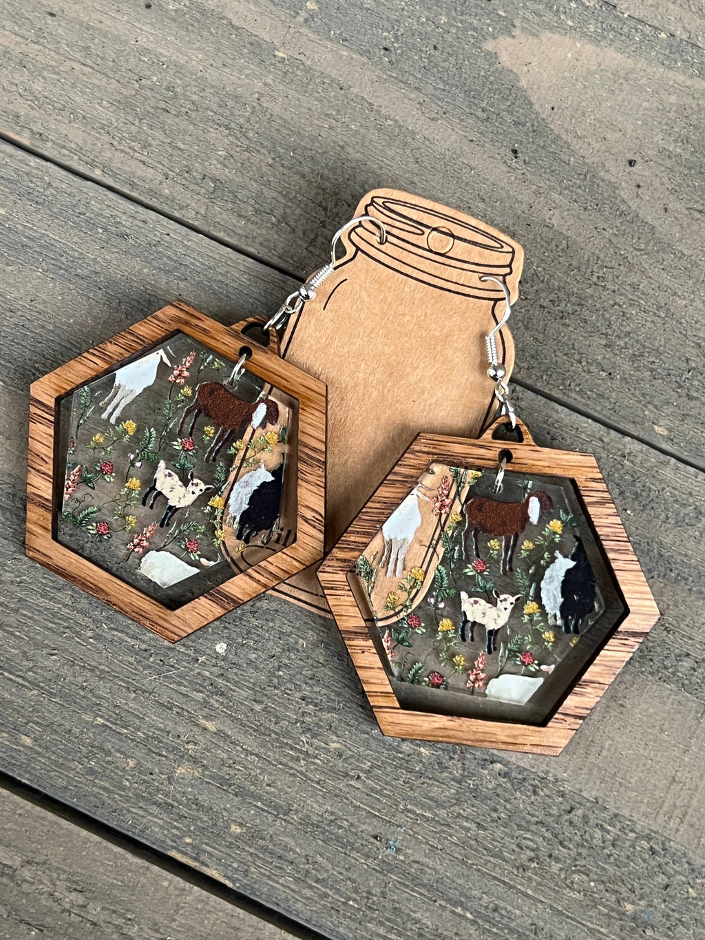 Goat Farm Western Acrylic Hexagon Wood Earrings