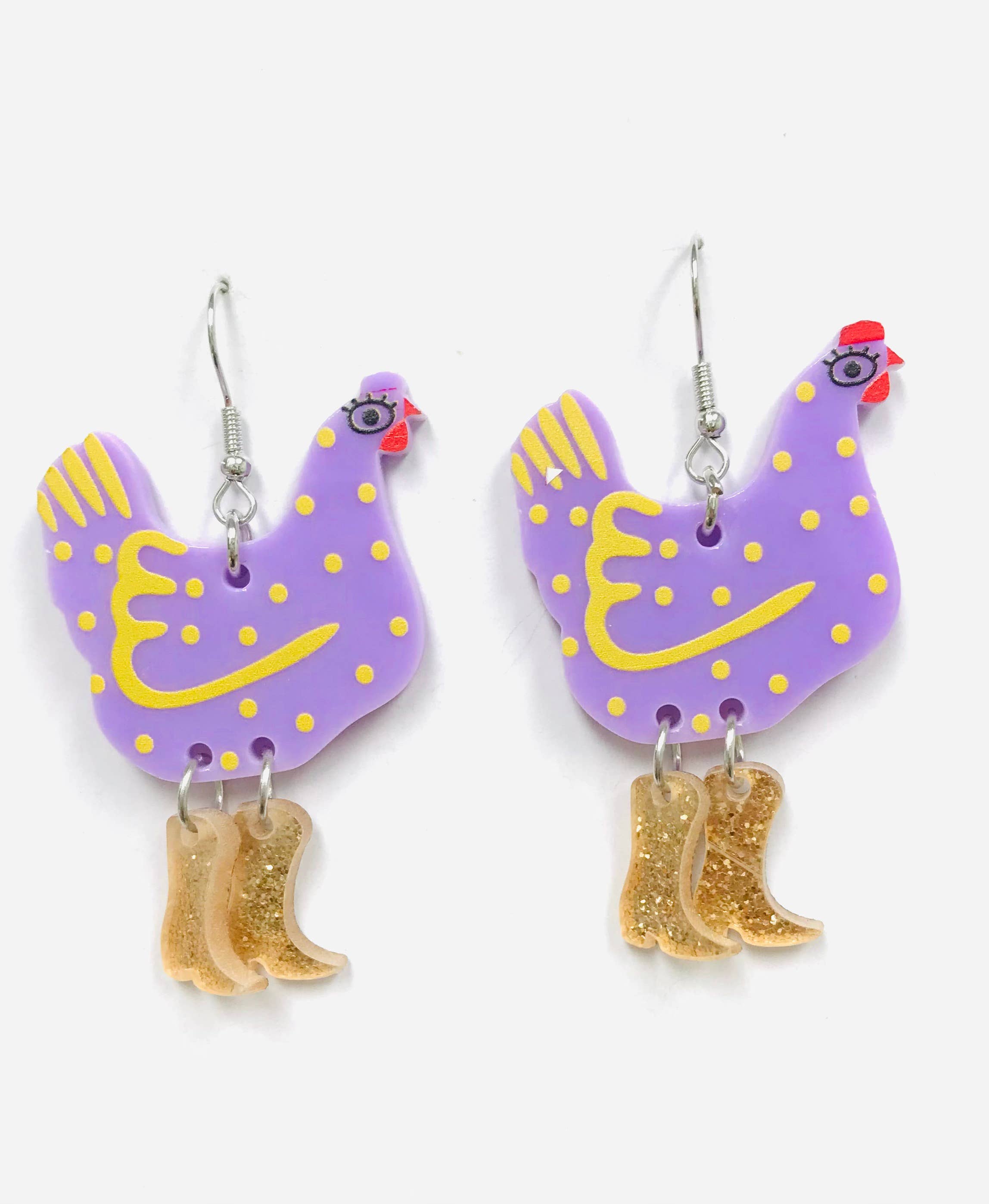 Acrylic LAVENDER Hen With Boots Earrings